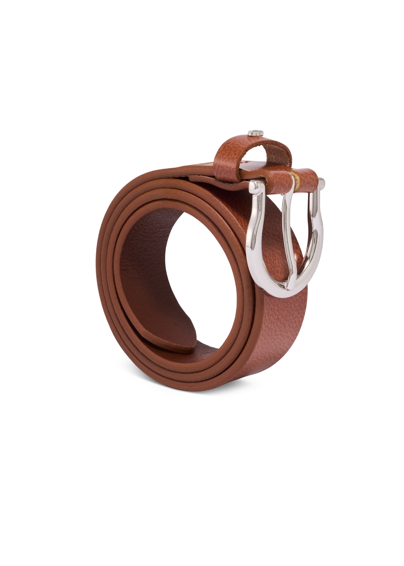 Cognac-colored women's leather belt PASDS-0274-1F(Z26), diagonal product view on white background.