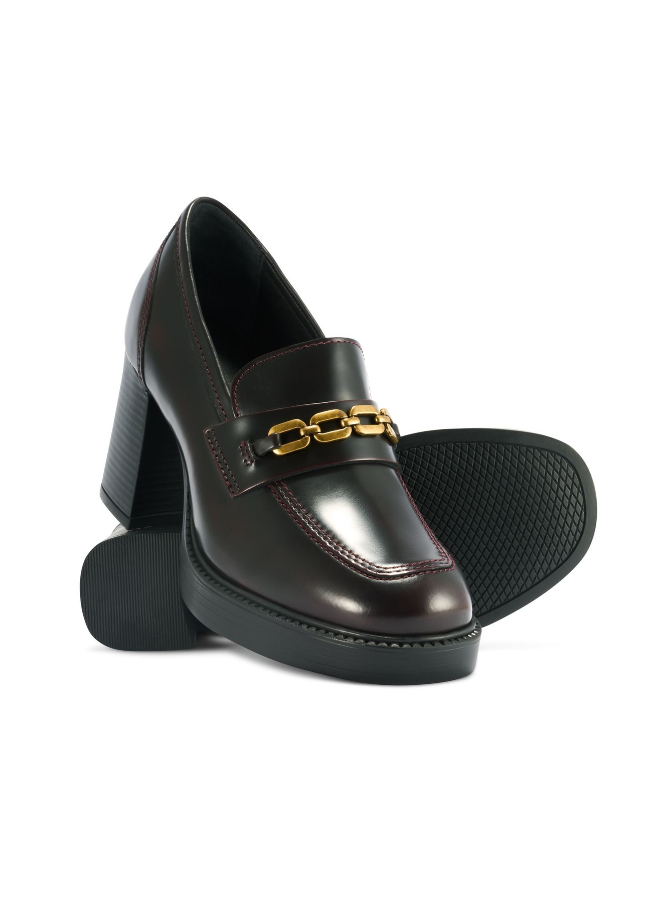 Burgundy leather block heel loafers BUTYD-1191-49(Z25) - top view of the product on a white background.