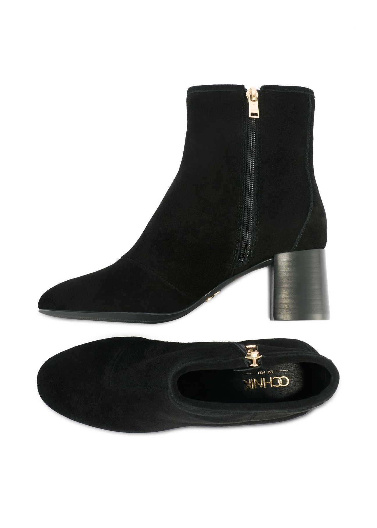 Black suede high-heeled ankle boots BUTYD-1218-99(Z25) - top and side view of the product on a white background.