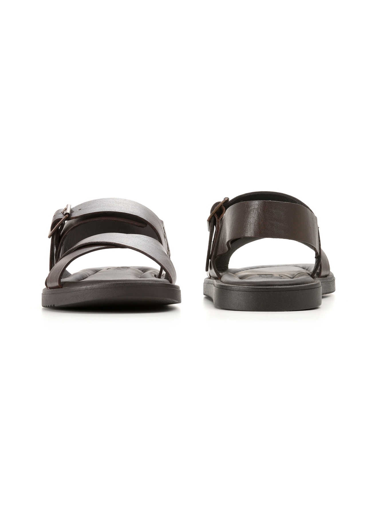 Men's dark brown leather sandals BUTYM-0537-1I(W26), front and back product view on white background.