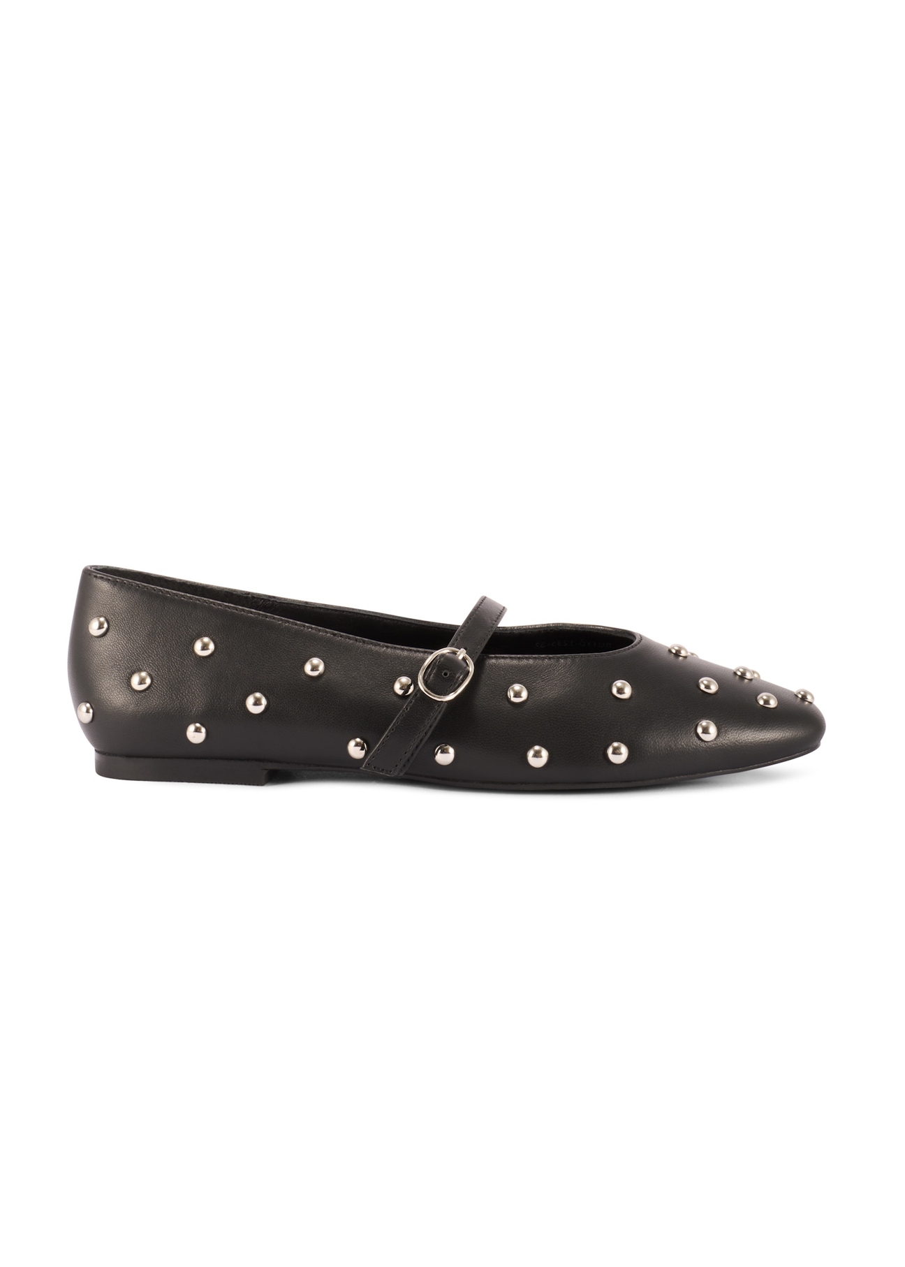 Women's black leather ballet flats with rhinestones BUTYD-1235-99(W26), side view of the product on a white background.
