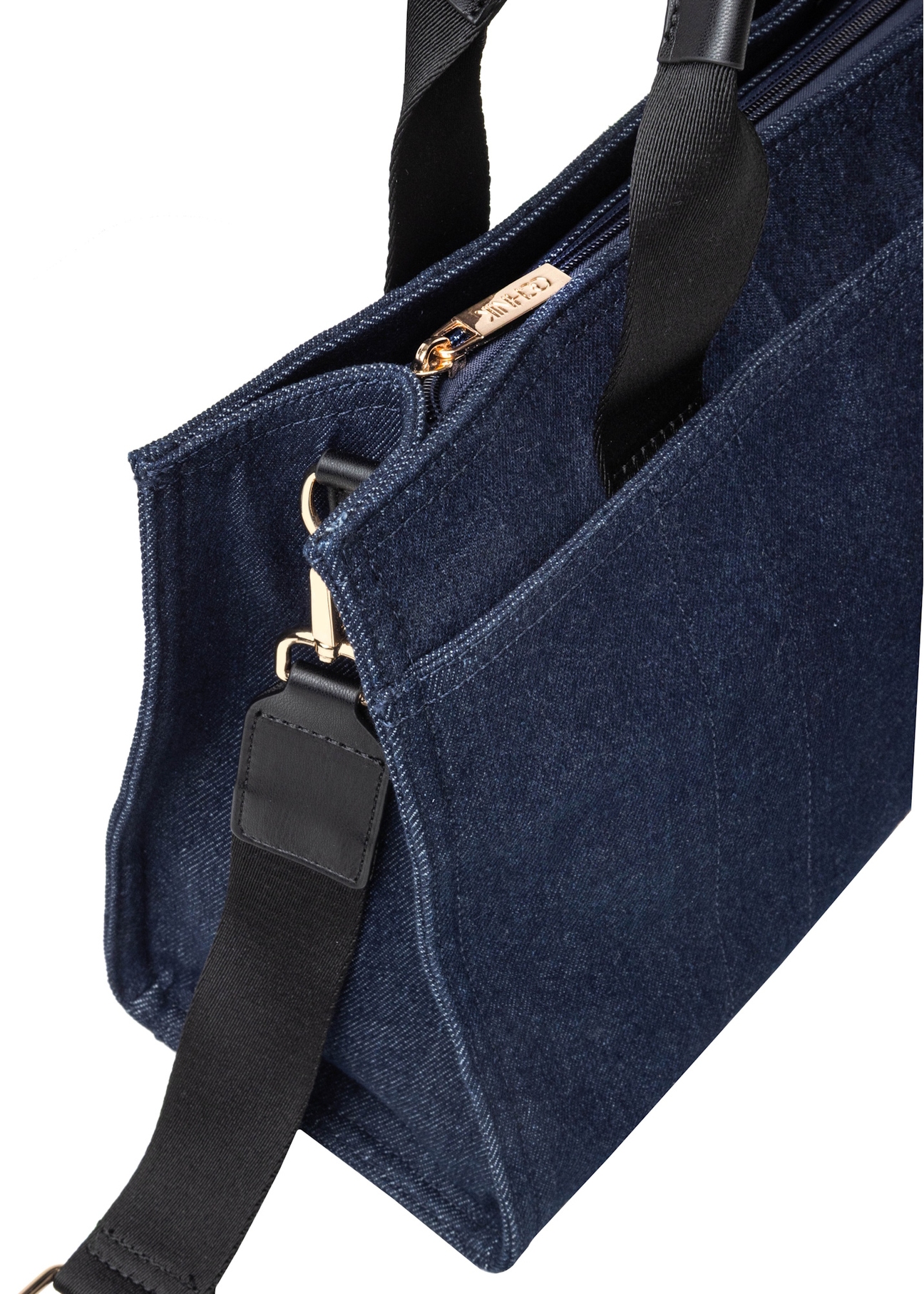 Navy blue denim women's handbag TOREN-0332-7H(W26), close-up of the product detail on a white background.