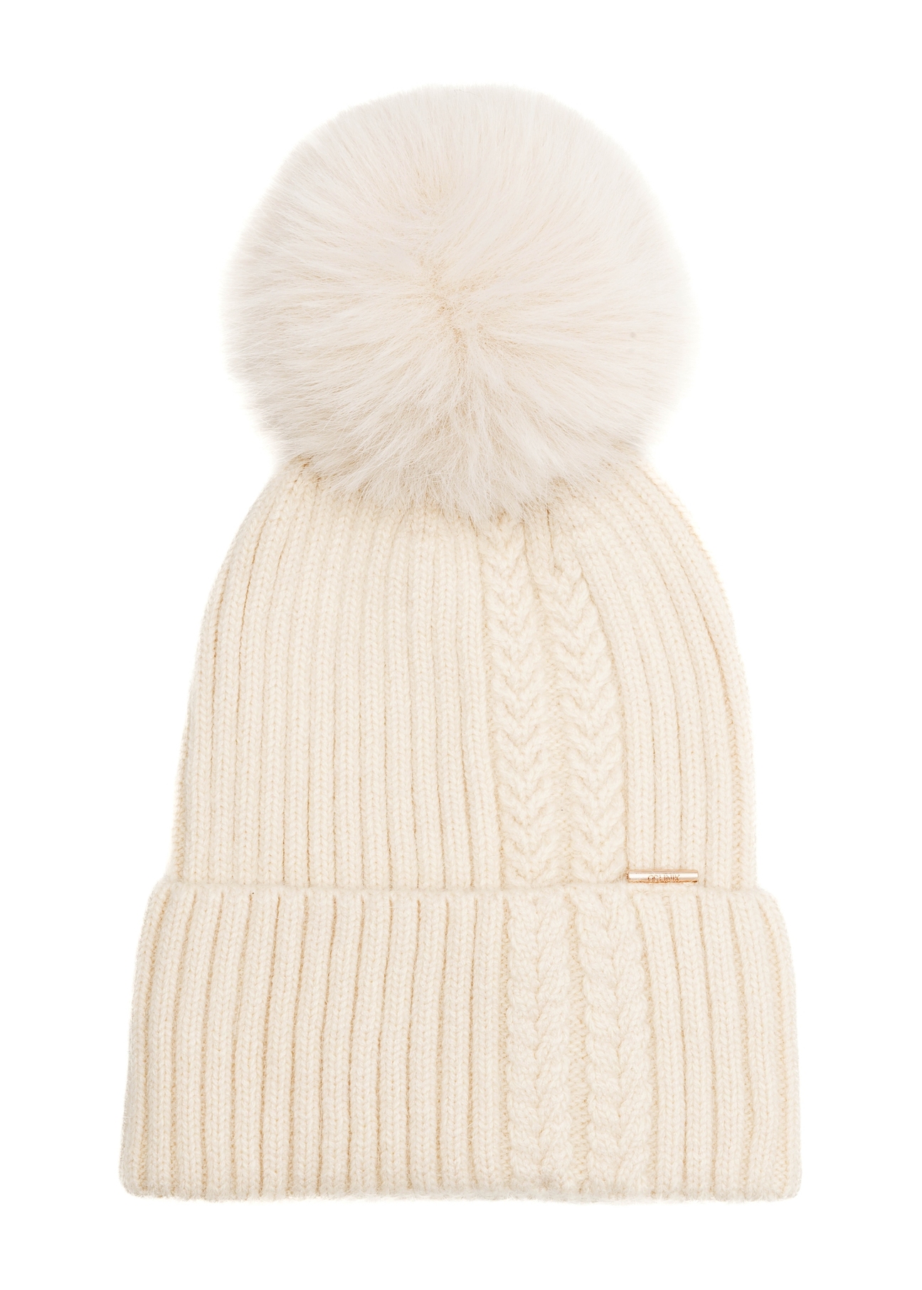 Cream women's hat with pompom CZADT-0216-16(Z25), product view from the front on a white background.