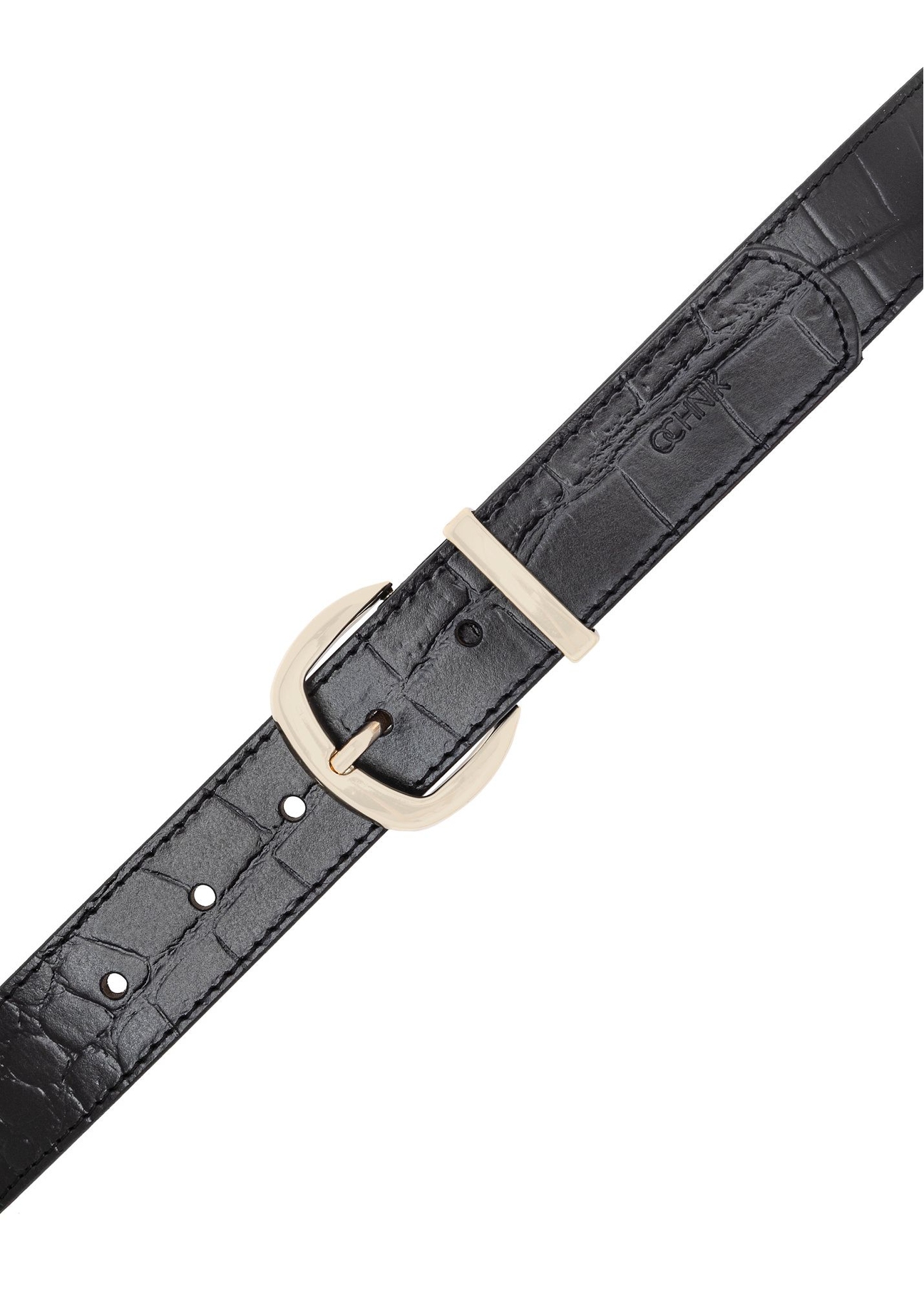 Black croco leather women's belt PASDS-0322-9G(W26), top view of the product on a white background.