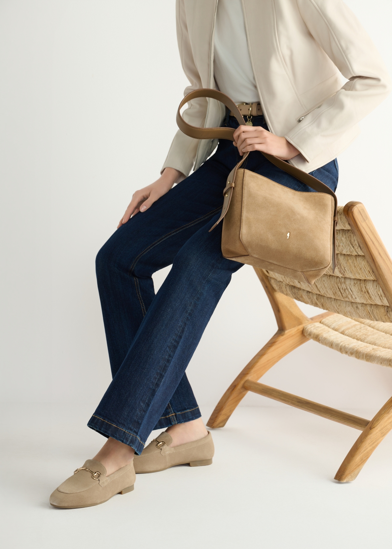 Dark beige suede women's moccasins BUTYD-1257-1K(W26), side view of the product on the model's feet.