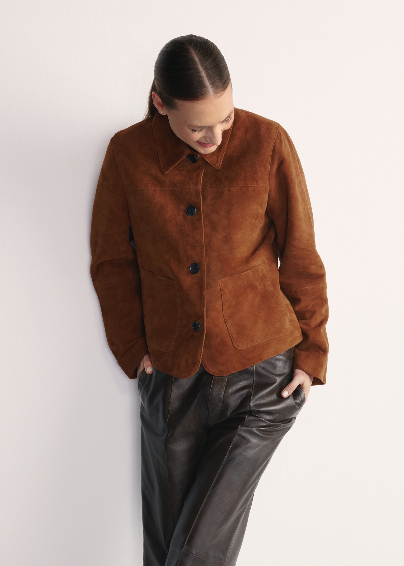Brown suede women's jacket KURDS-0562-0775(Z25) - front product view on white background. Half of the silhouette visible.
