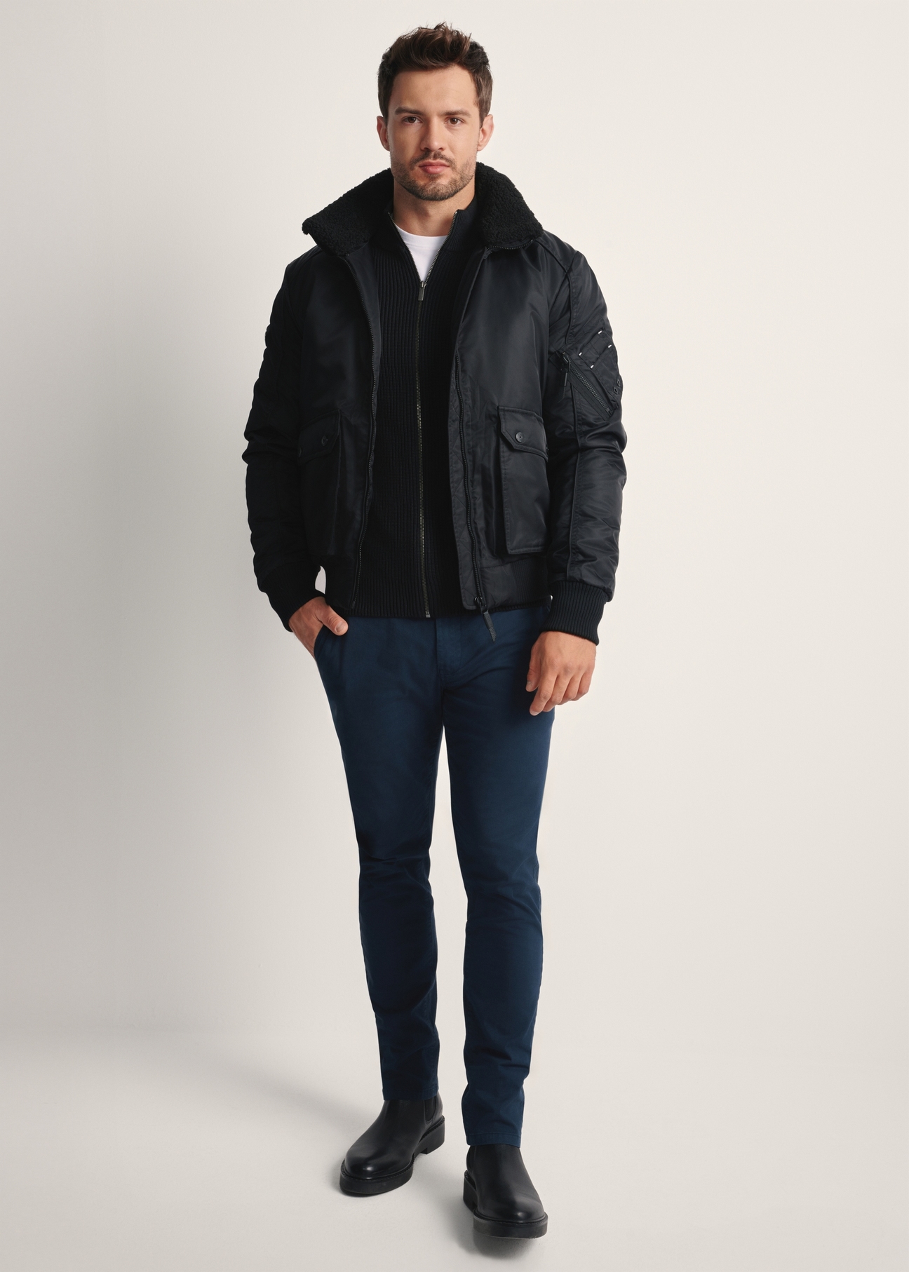 Men's black collared jacket KURMT-0399-99(Z25), front product view on model. Full body visible.