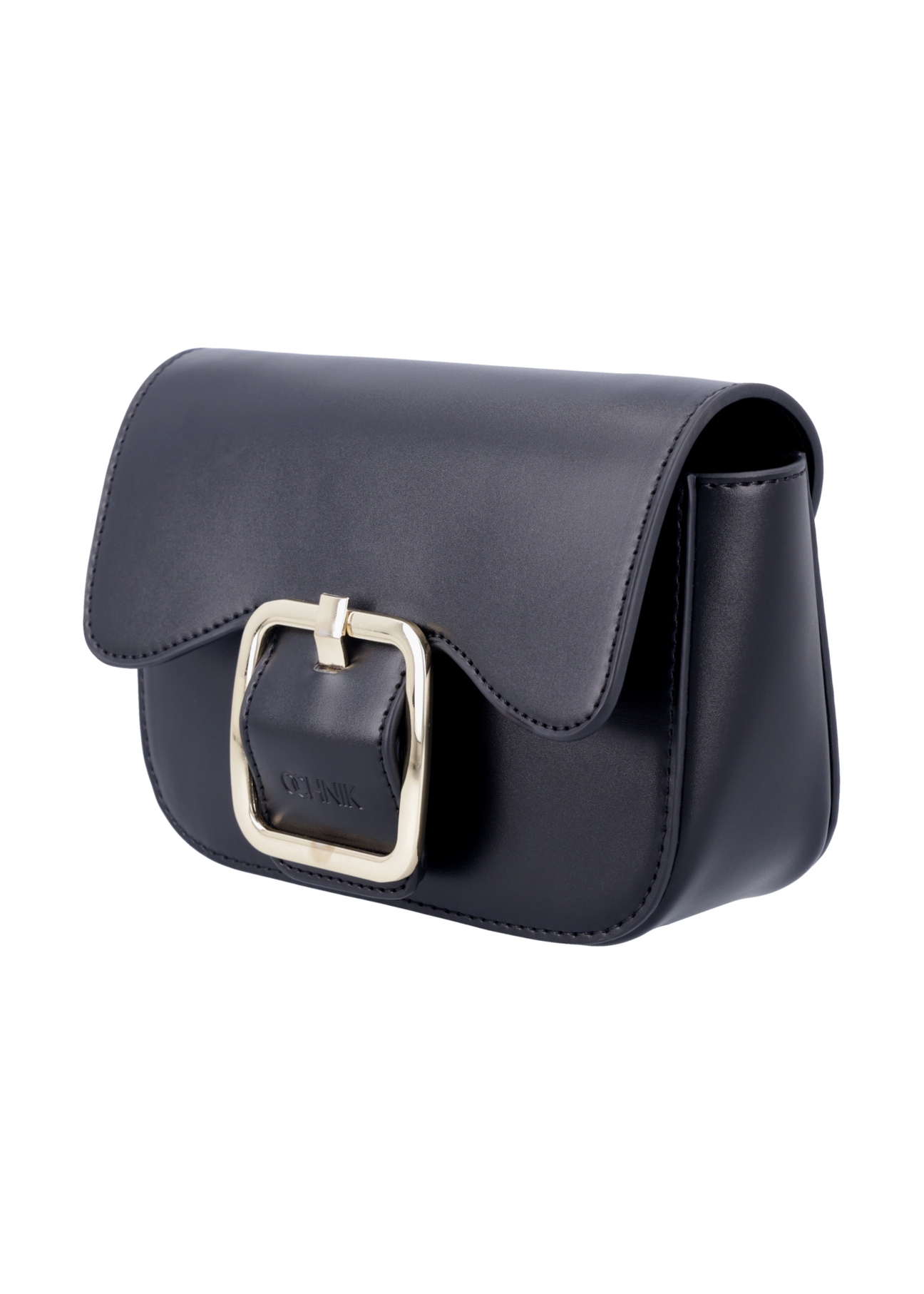 Small black women's handbag with a buckle TOREC-1383-99(Z26), diagonal product view on a white background.