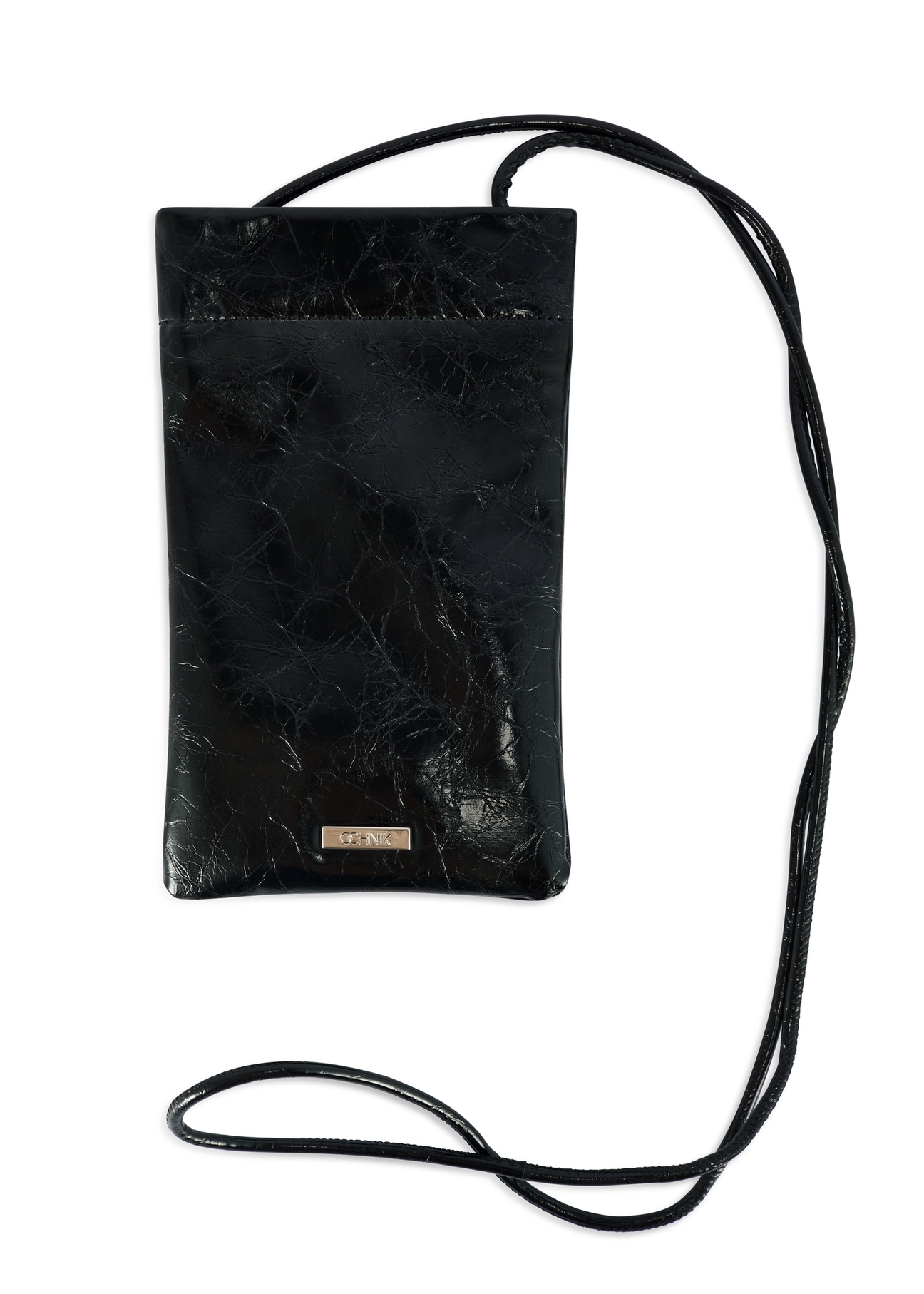 Black glossy pouch TOREC-1114-99(Z25), front product view with strap on white background.