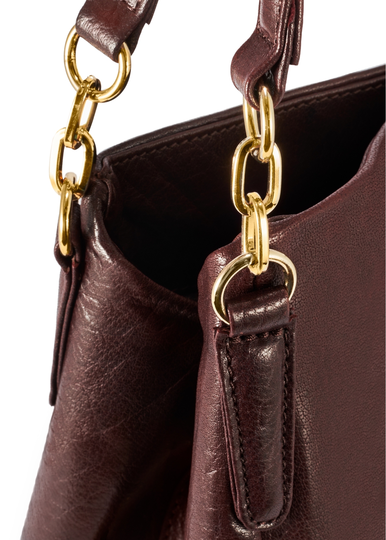 Brown leather women's shopper handbag TORES-0636D-89(Z25), close-up of the product straps, view on a white background.