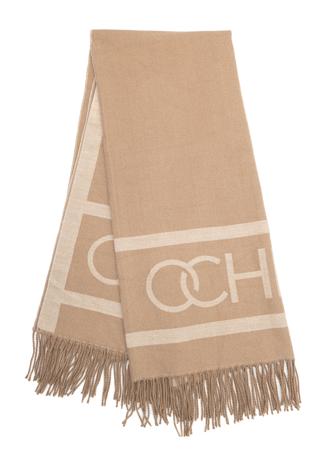 Beige women's poncho with logo SZADT-0203-24(Z25), view of the folded product on a white background.