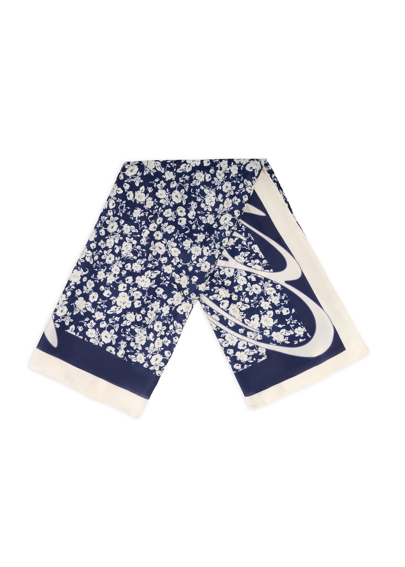 Dark blue women's scarf with flowers SZADT-0191-7P(W26), view of the folded product on a white background.