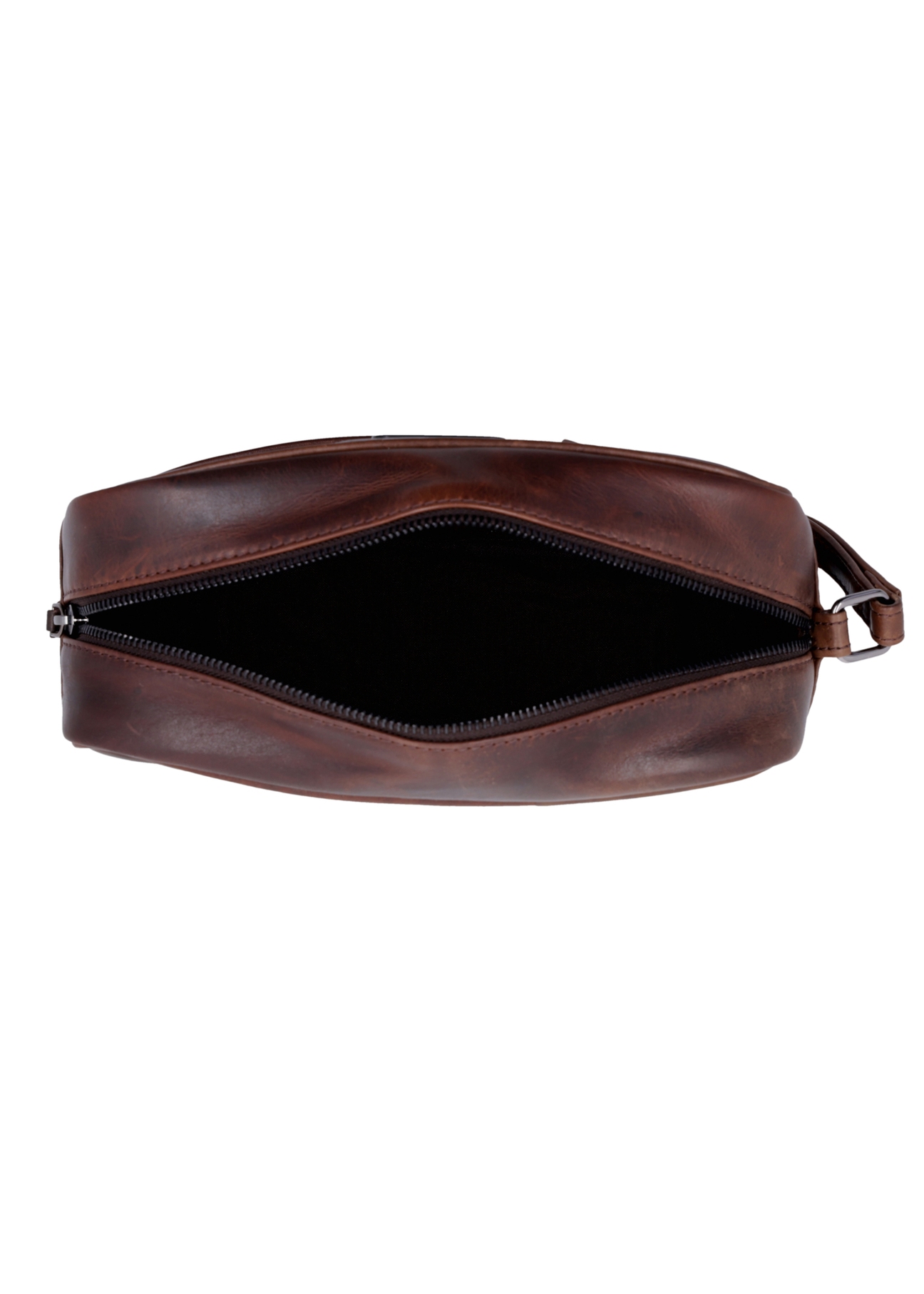 Dark brown leather men's cosmetic bag TORMS-0544-1I(Z26), product view inside on white background.