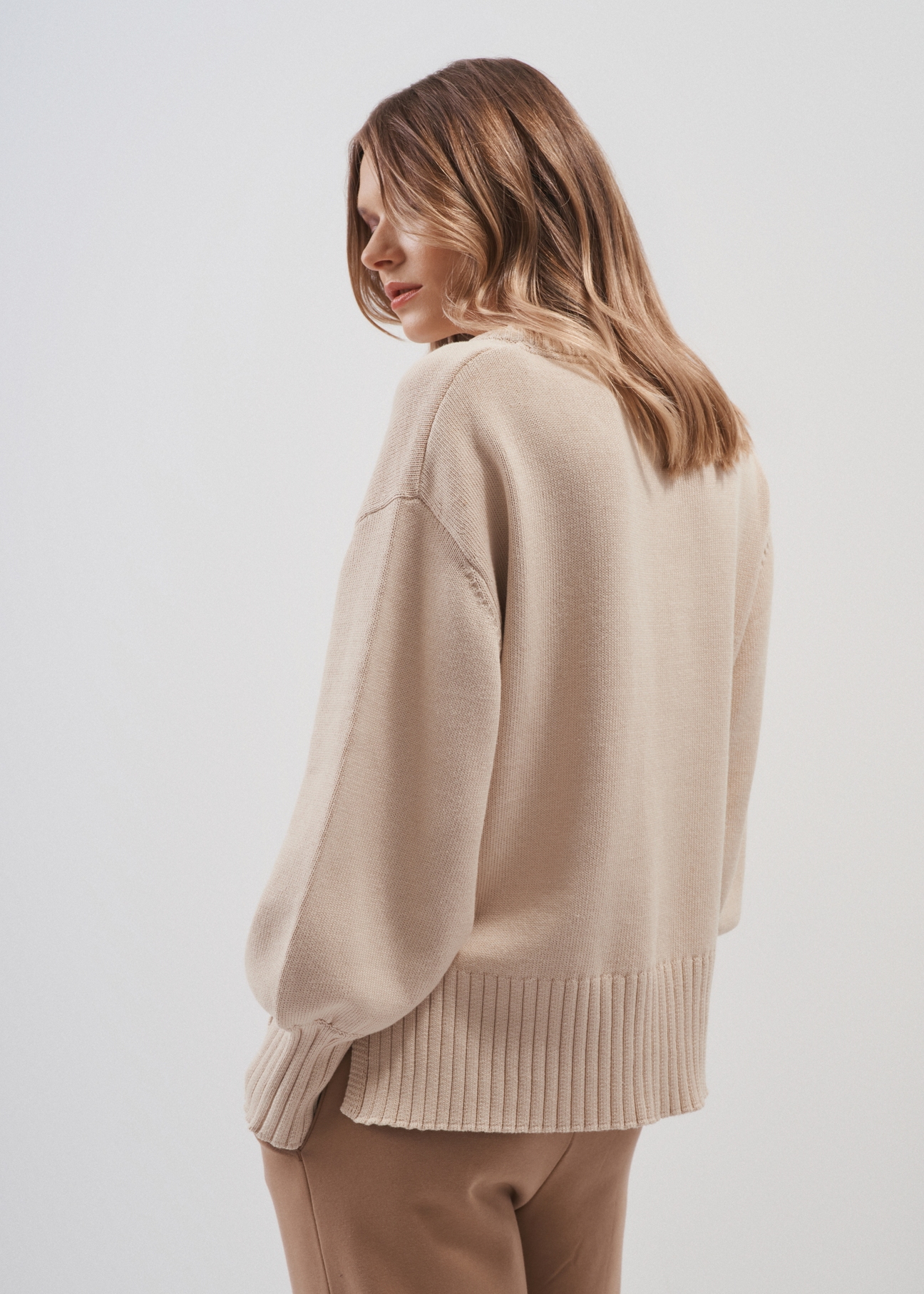 Cotton beige women's basic sweater SWEDT-0199-81(Z23)-03