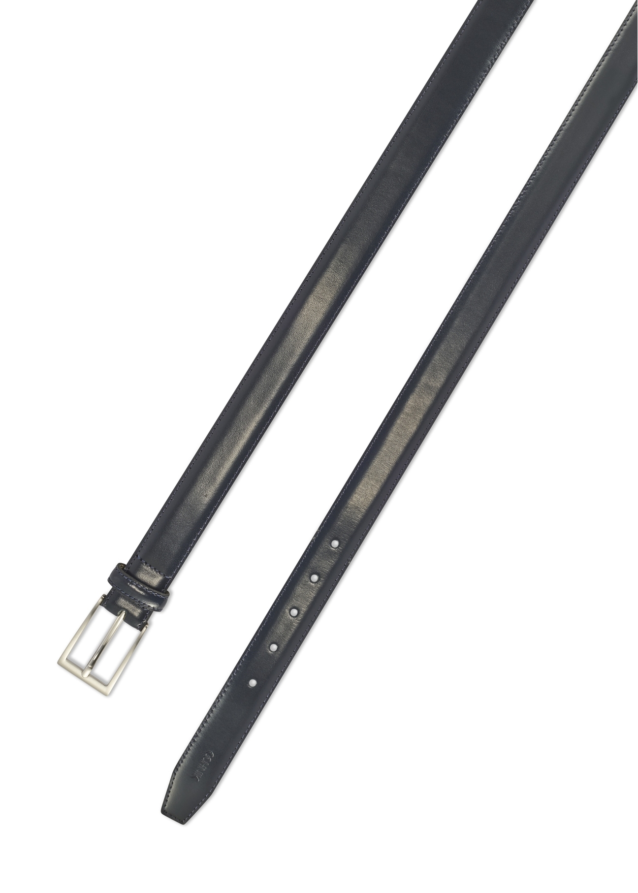 Navy blue men's leather belt PASMS-0244-69(Z25), view of the clasp of the product on a white background.