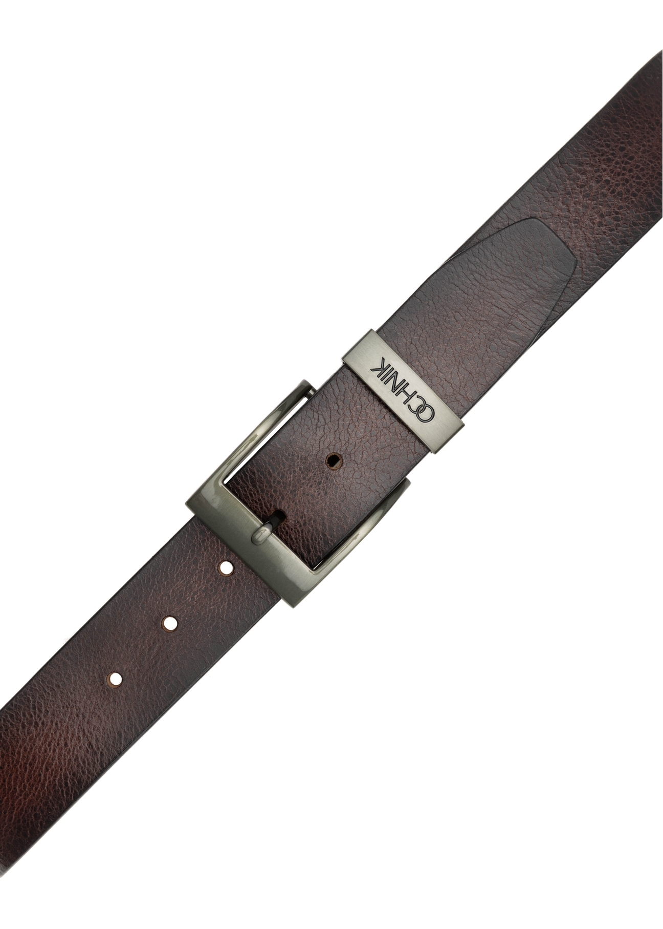 Men's dark brown leather belt PASMS-0274-88(Z25), view of the buckle of the product on a white background.
