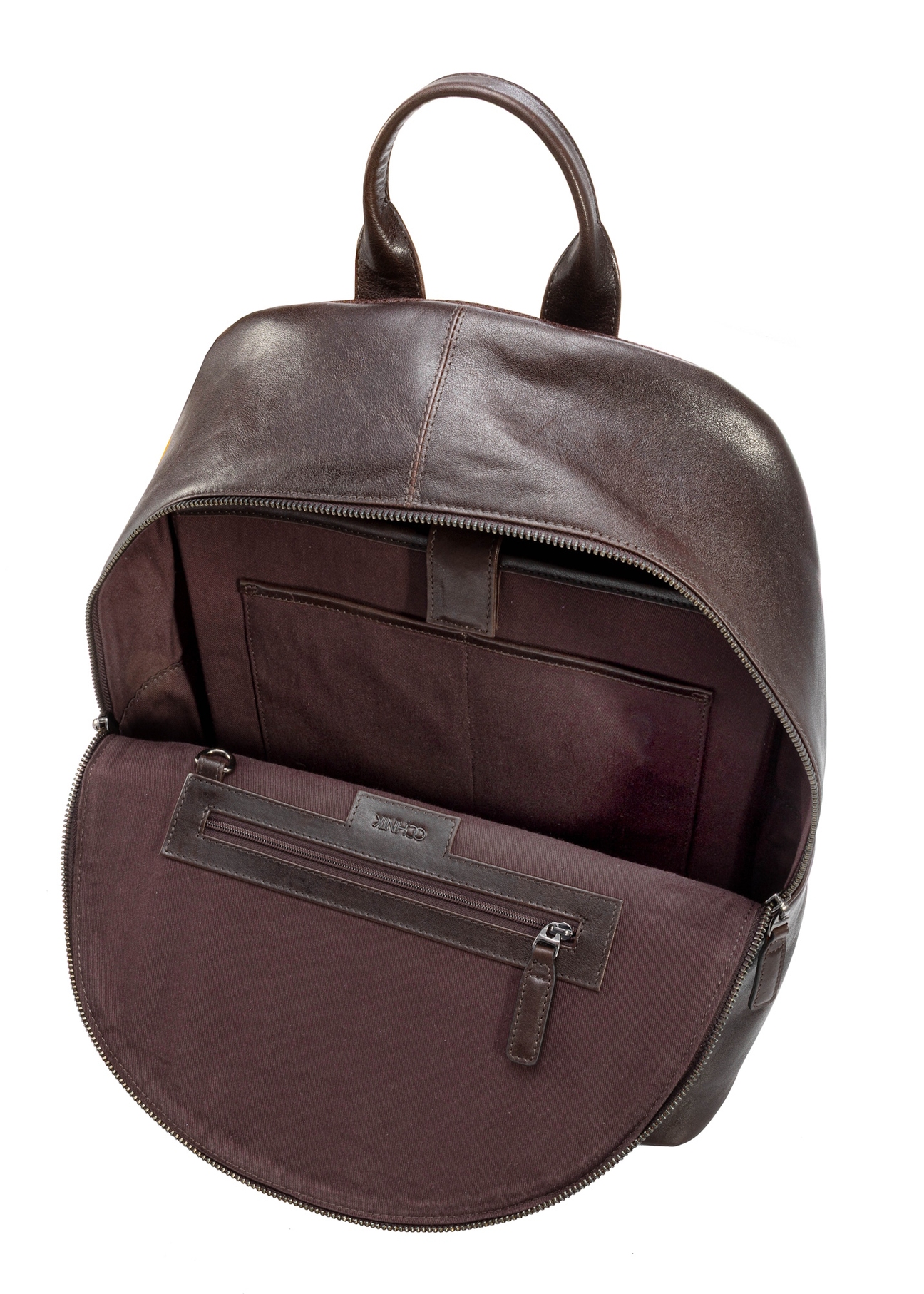 Dark brown leather men's backpack TORMS-0458-89(Z25), product view inside on white background.