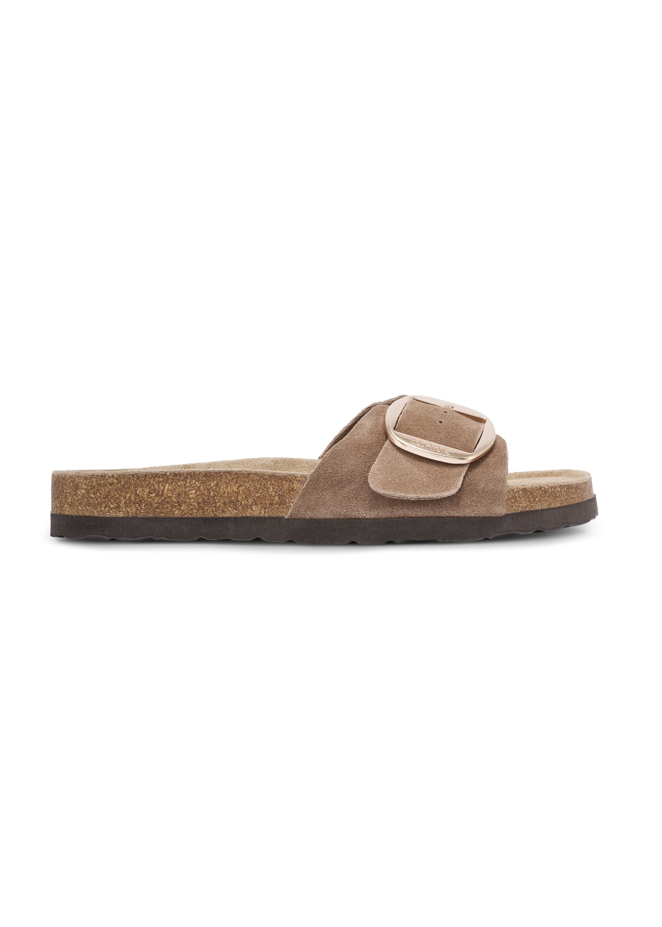 Women's leather flip-flops in camel color BUTYD-1157-1D(W26), side view of the product on a white background.