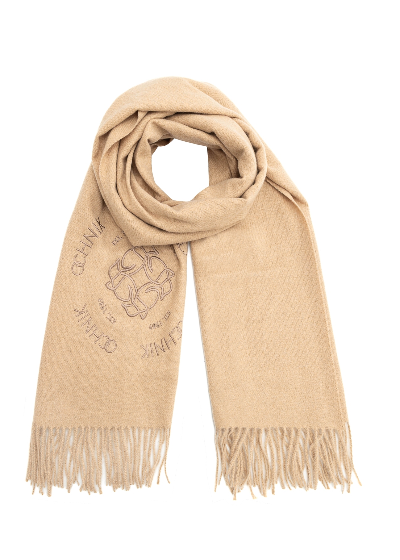 Beige women's scarf with a wool blend SZADT-0146-81(Z25), front view of the product on a white background.