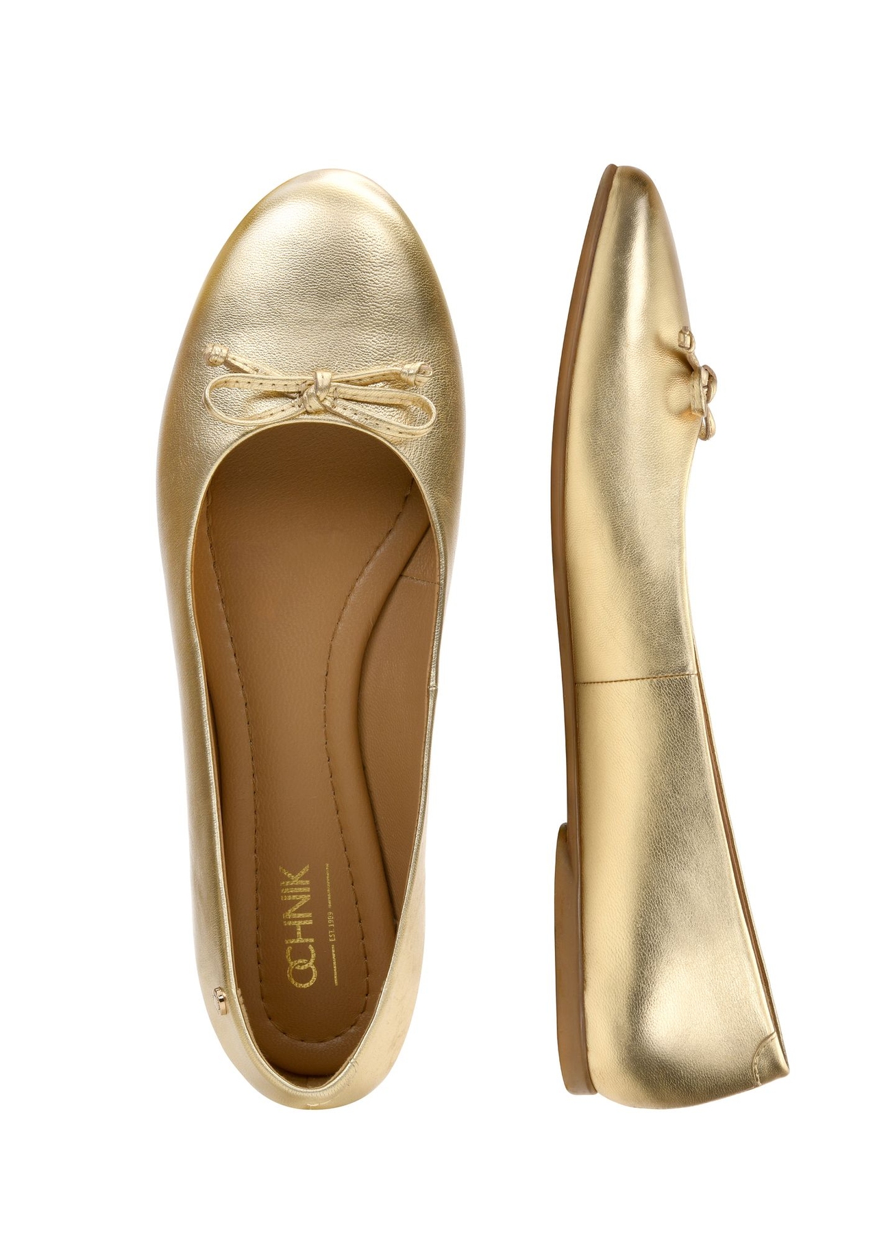 Women's gold leather ballet flats BUTYD-1248-2X(W26) - product view from above, on a white background.