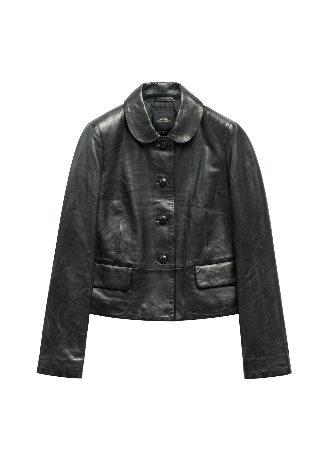 Black short women's leather jacket KURDS-0598-99(W26), front product view on white background.