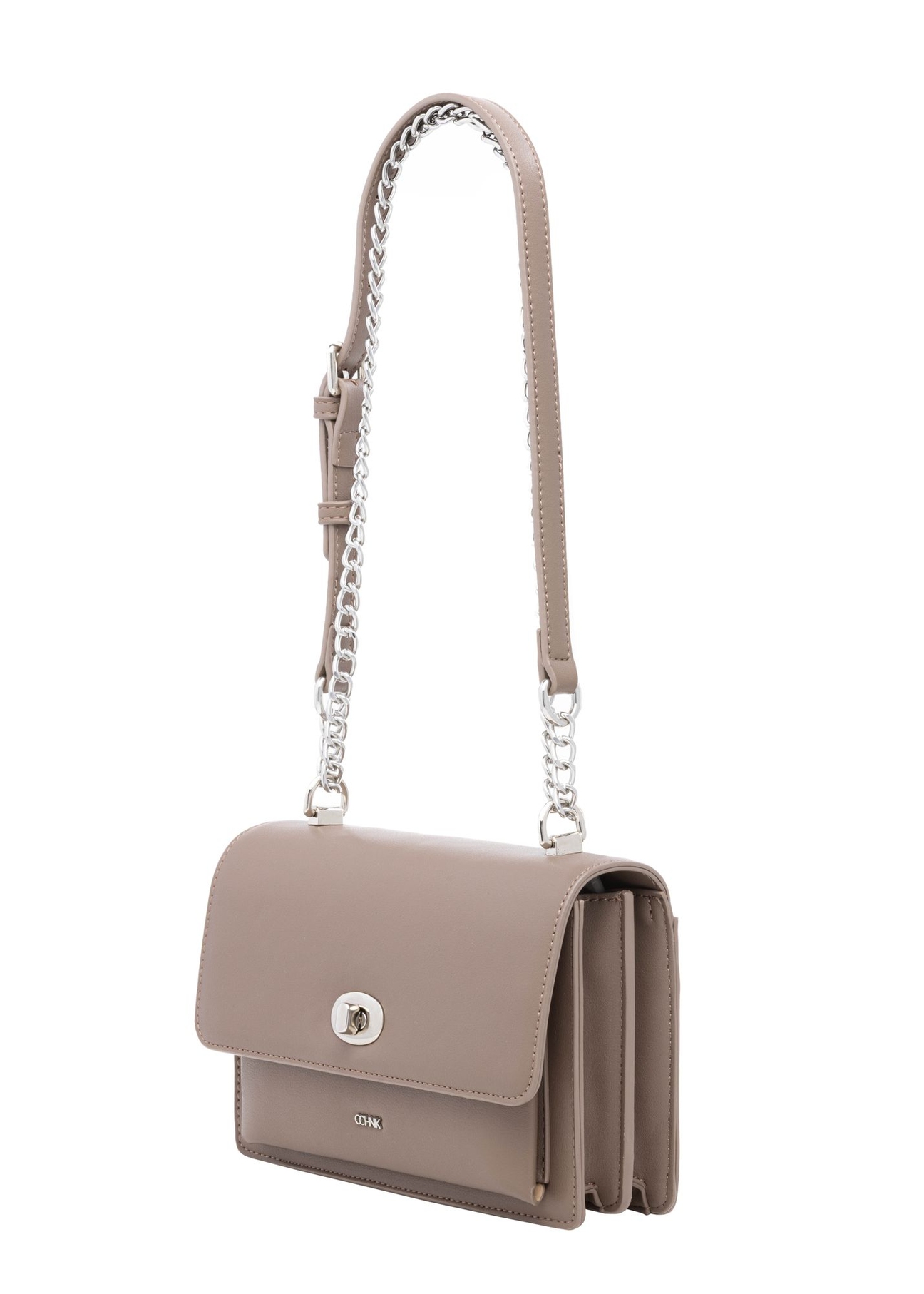 Small women's handbag with an elegant clasp in cool beige color TOREC-1322-1K(Z26) - diagonal view of the product, on a white background.
