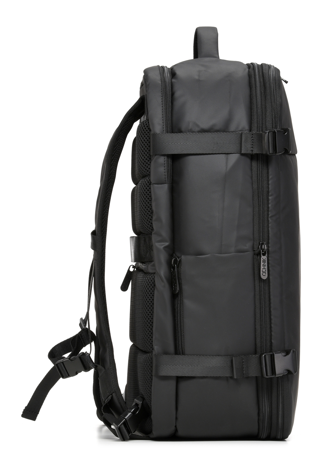 Black large travel backpack TORMN-0409-99(W26) - side product view, on white background.