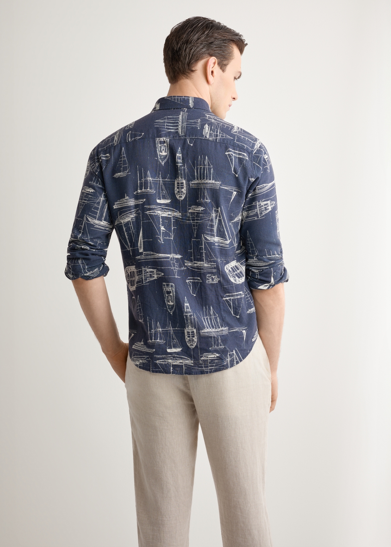 Navy blue linen men's shirt with print KOSMT-0362-7P(W26)