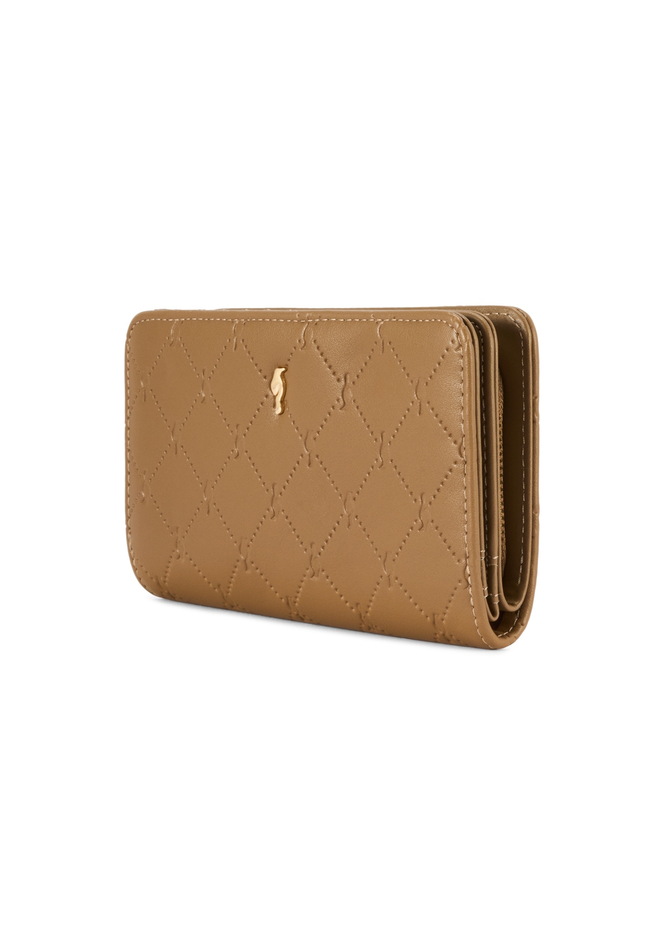 Beige women's wallet with monogram POREC-0348A-81(Z25), diagonal product view on white background.