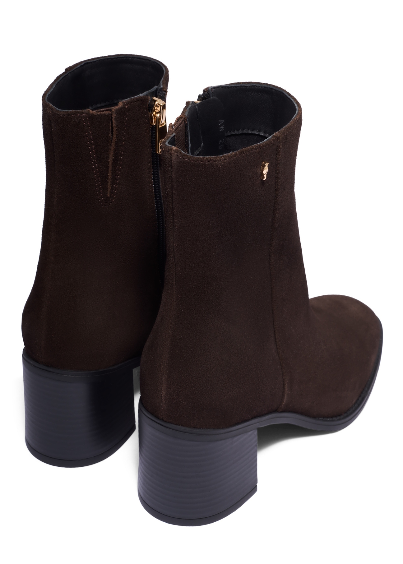 Brown suede high heel ankle boots BUTYD-1101-1I(Z26), back view of the product on a white background.