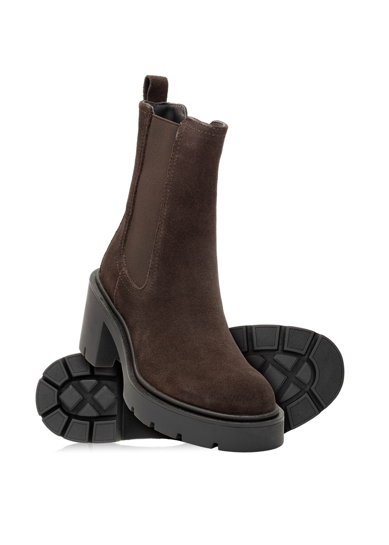 Dark brown suede women's high-heeled ankle boots BUTYD-1094-1I(Z26), diagonal product view on white background.