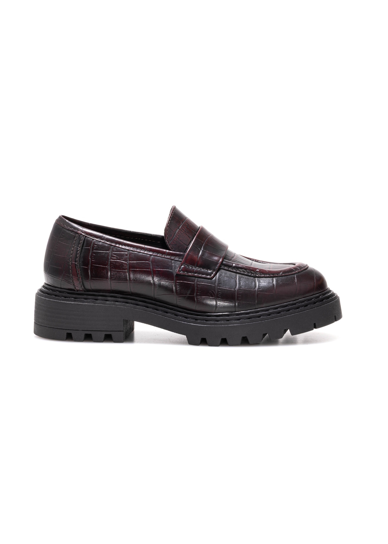 Burgundy women's croco moccasins BUTYD-1189-90(Z25), side view of the product on a white background.