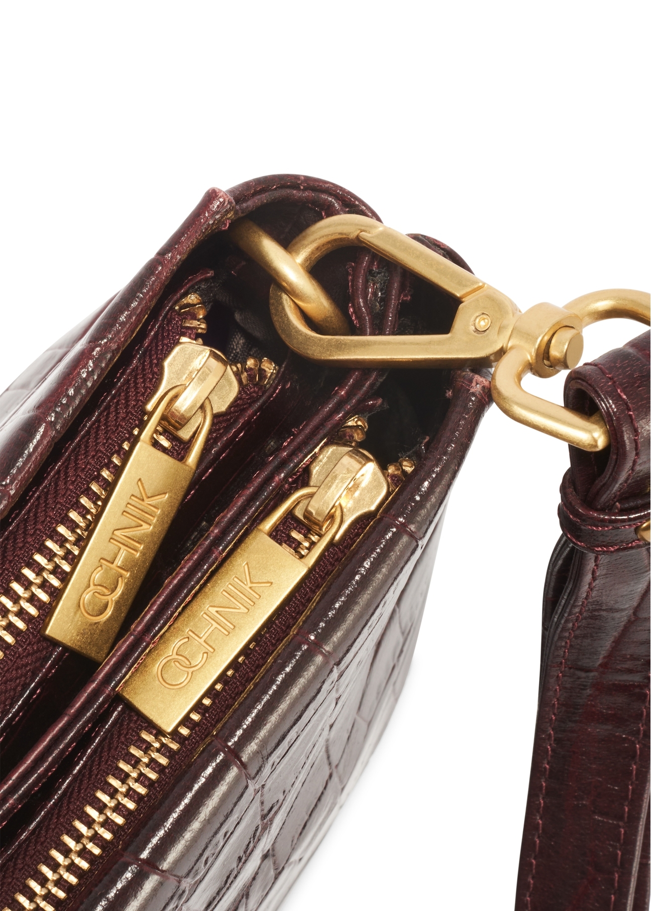 Burgundy croco women's handbag TORES-1159E-49(Z25), close-up of product detail, view on white background.