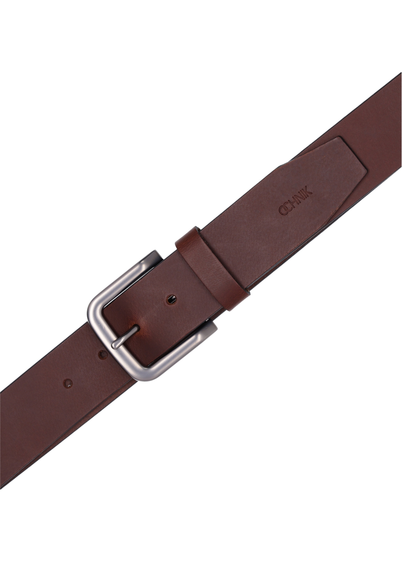 Brown men's leather belt PASMS-0271-1H(Z26), view of the clasp of the product on a white background.