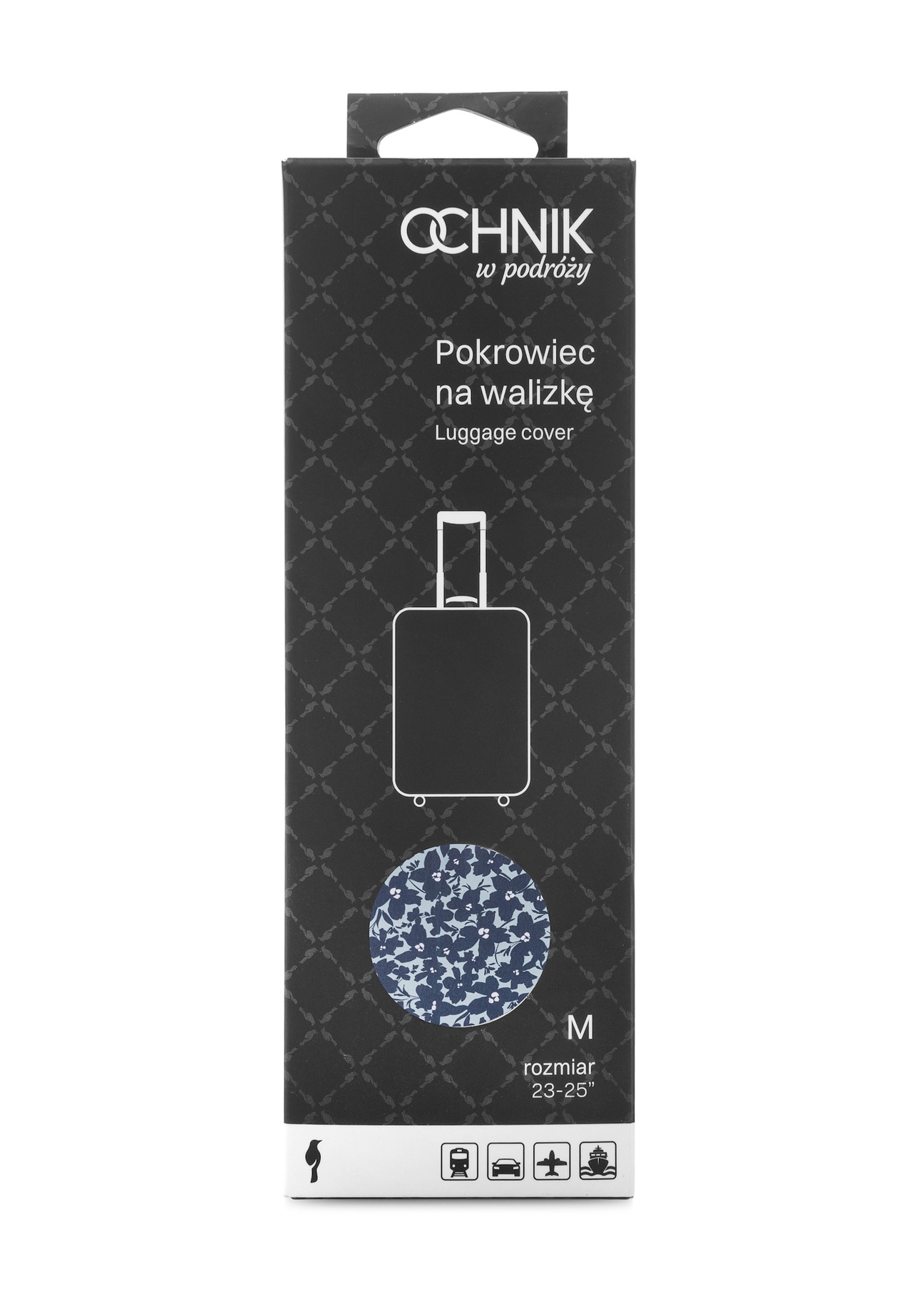 Floral medium suitcase cover AW-013-0004-15-M(W25), view of the product in the packaging on a white background.