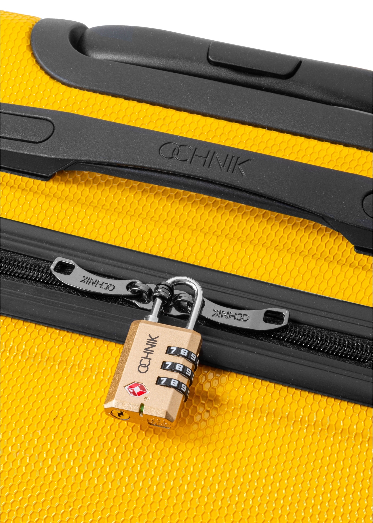 Gold TSA combination padlock AW-015-0002-28(W25), product view on suitcase on white background.