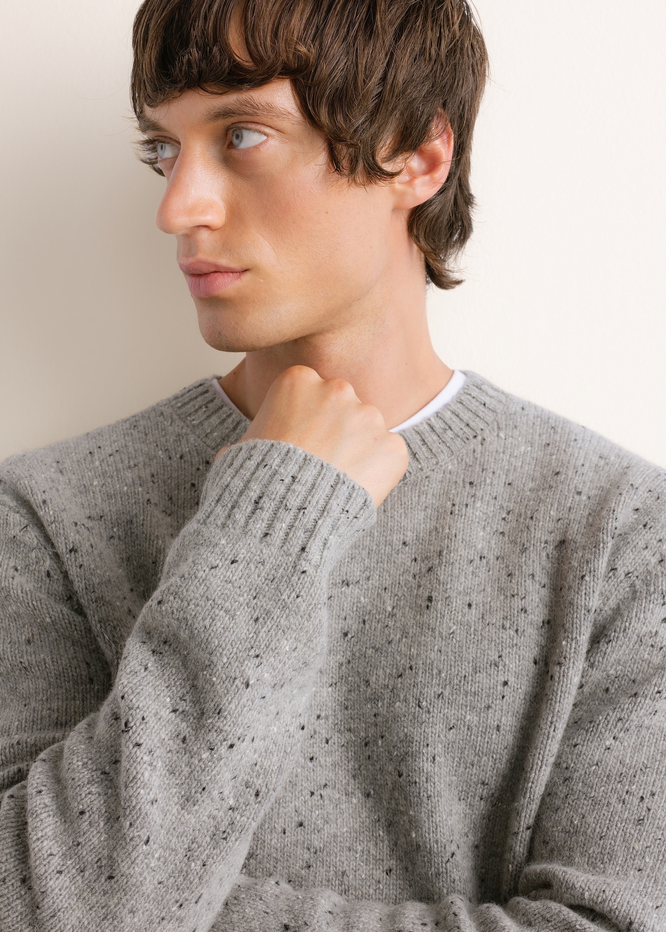 Light grey men's wool-blend sweater SWEMT-0173-9B(Z26), close-up of the product on a model.