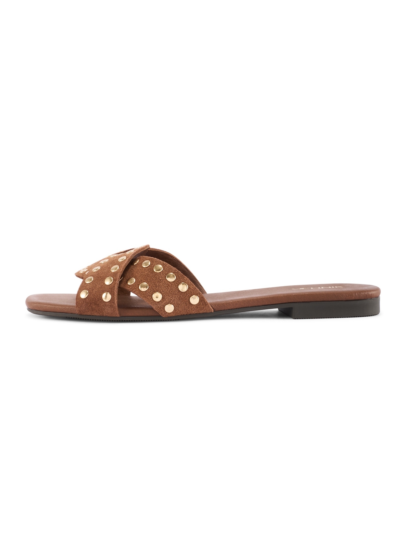 Women's camel leather mules with rhinestones BUTYD-1226-1D(W26), side view of the product on a white background.