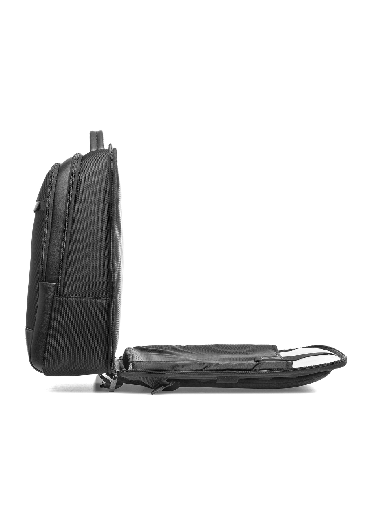 Black men's travel backpack TORMN-0376-99(Z25), side product view with open pocket on white background.