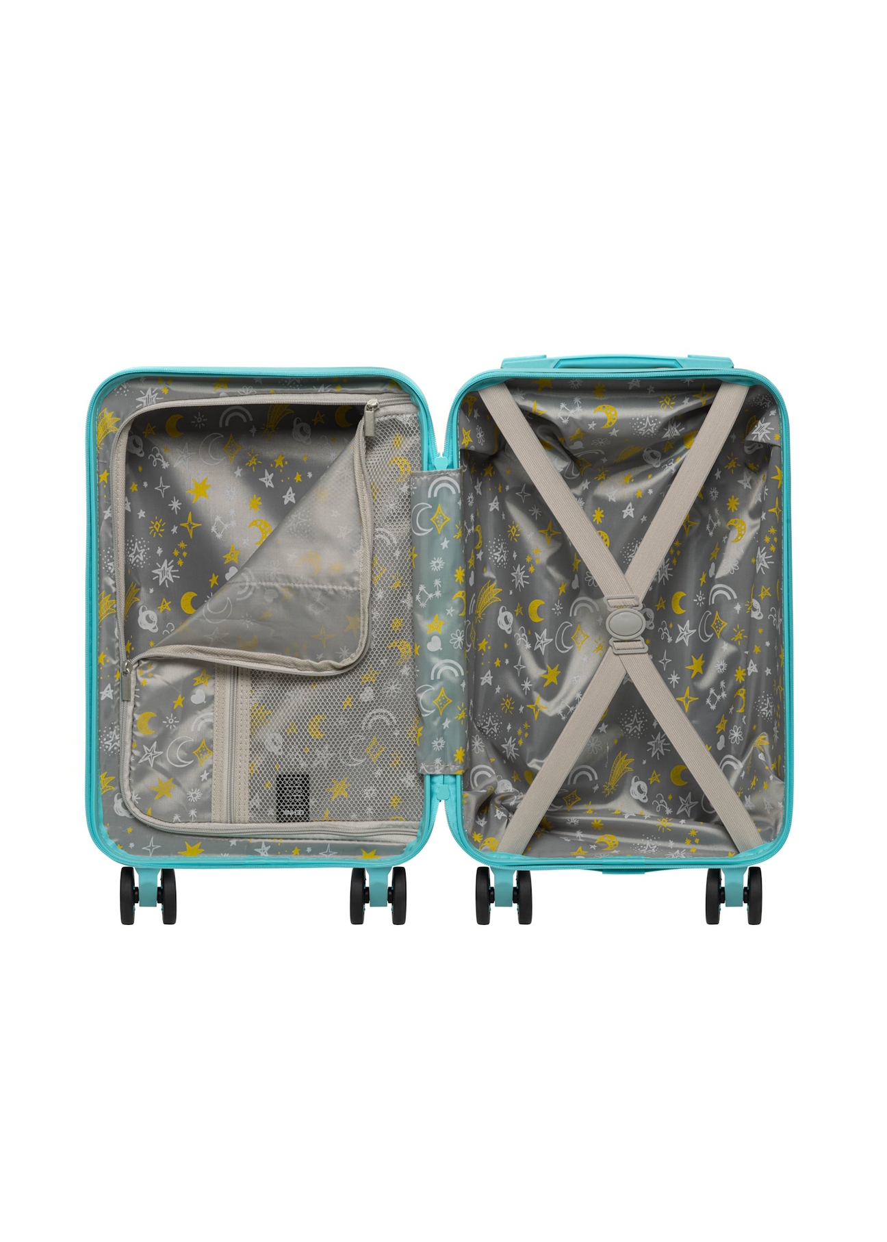 Small orange suitcase on wheels WALAB-0087-3B-18(W26), product view inside on white background.