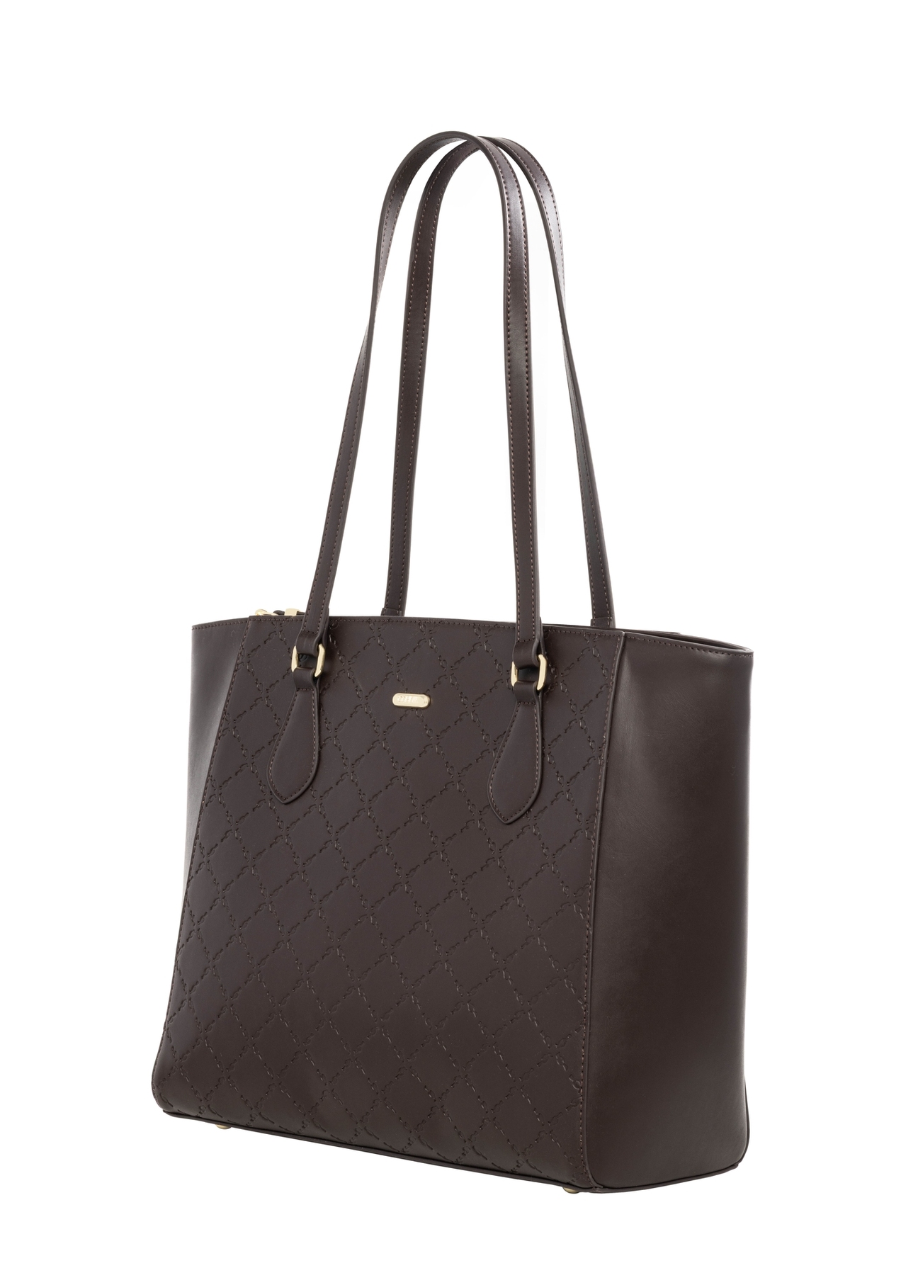 Brown women's shopper bag with monogram TOREC-1291-1I(Z26), diagonal product view on a white background.