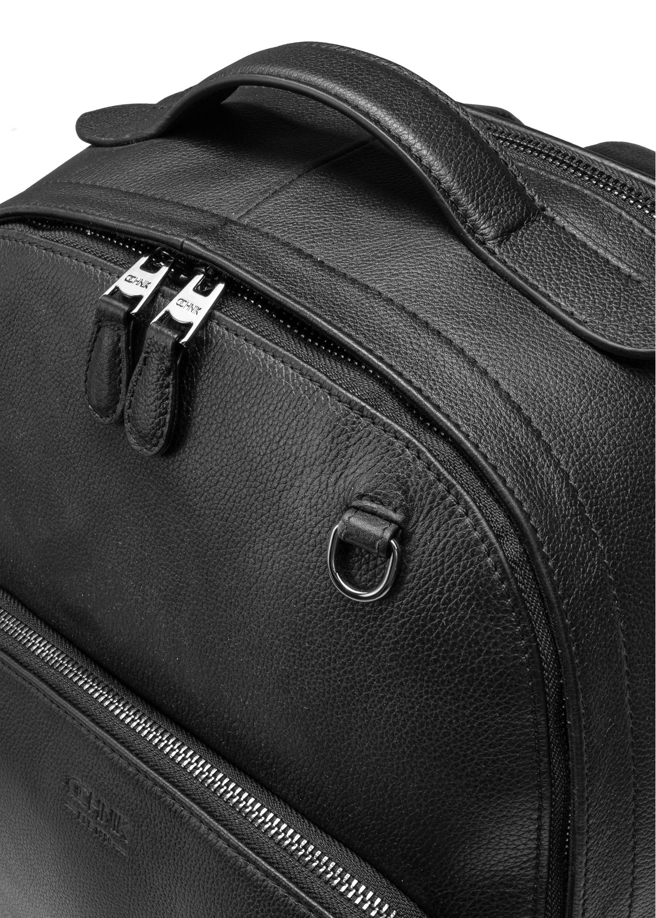 Men's black leather backpack PLCMS-0018R-9I(W26), close-up of product detail on white background.
