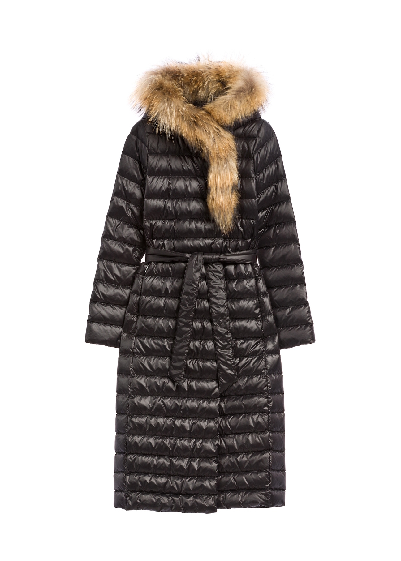 Black long women's jacket with fur KURDT-0706-99(Z26), front view of the product on a white background.