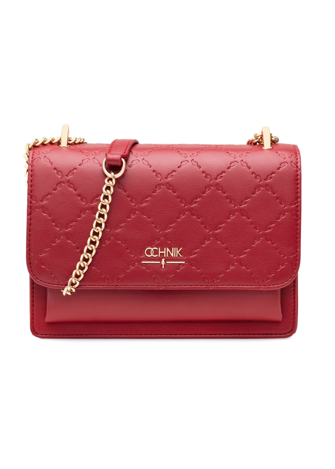 Red women's handbag with monogram TOREC-1155-4B(W26) - front product view on white background.