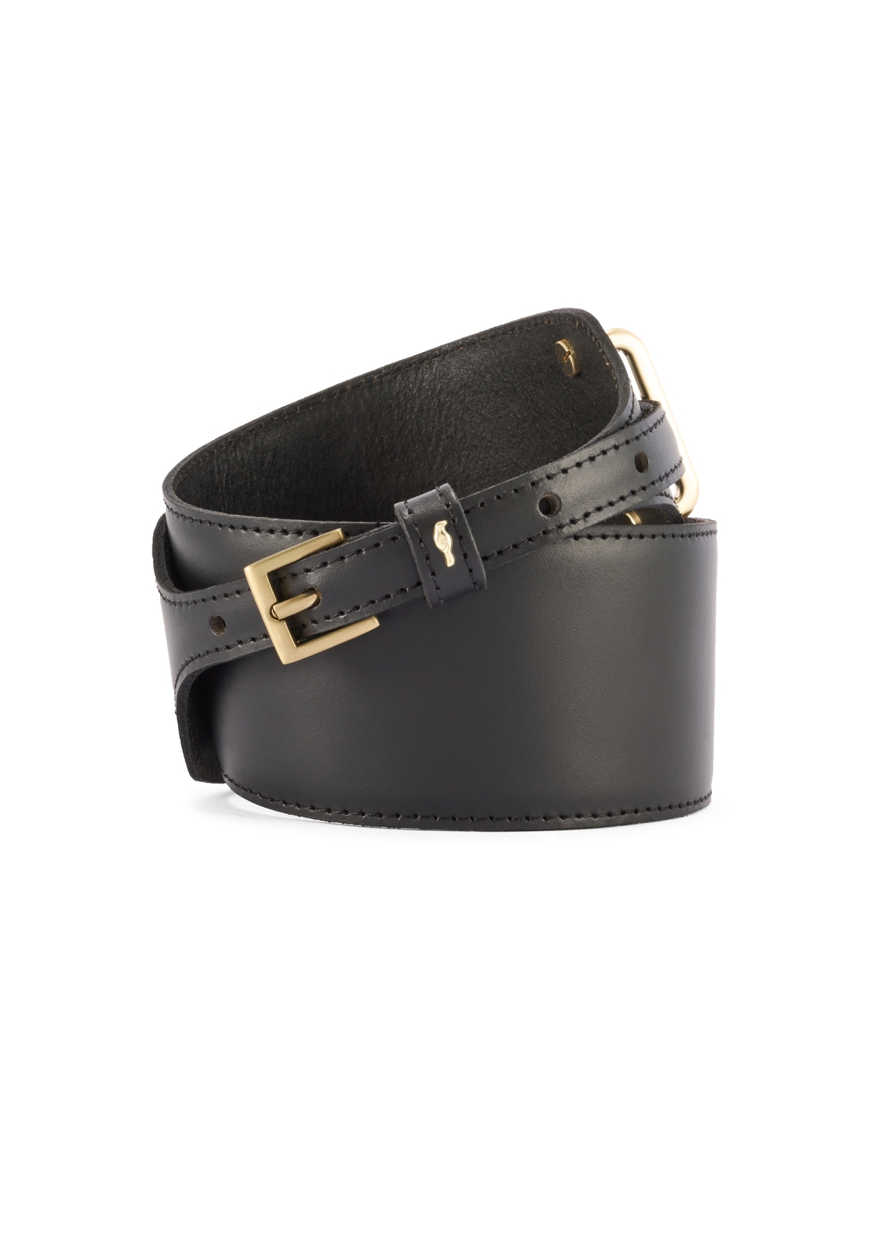 Black leather women's belt PASDS-0331-99(Z25), product view rolled up on white background.
