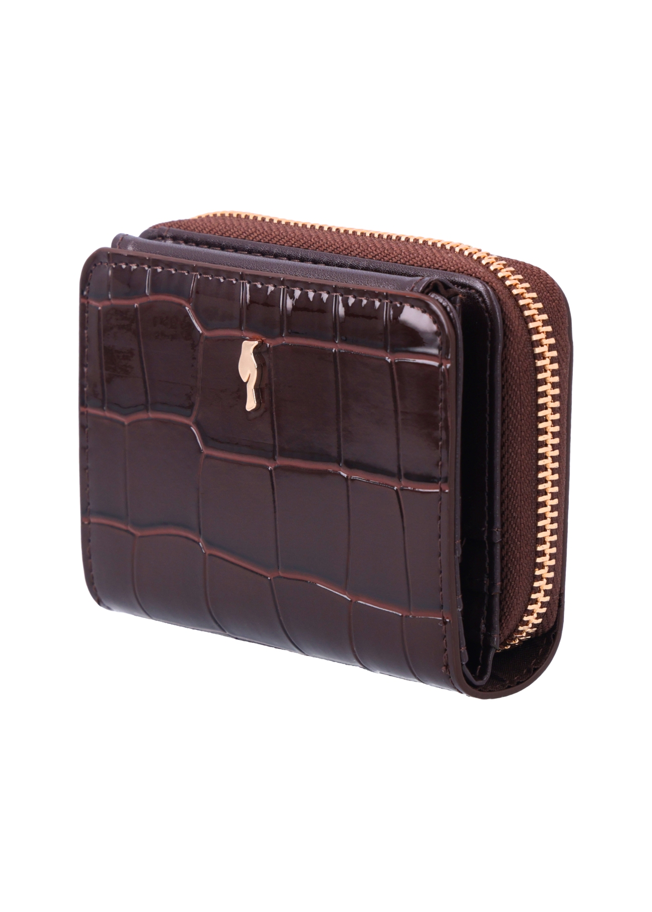 Small brown women's croco wallet POREC-0352A-1I(Z26), diagonal product view on white background.