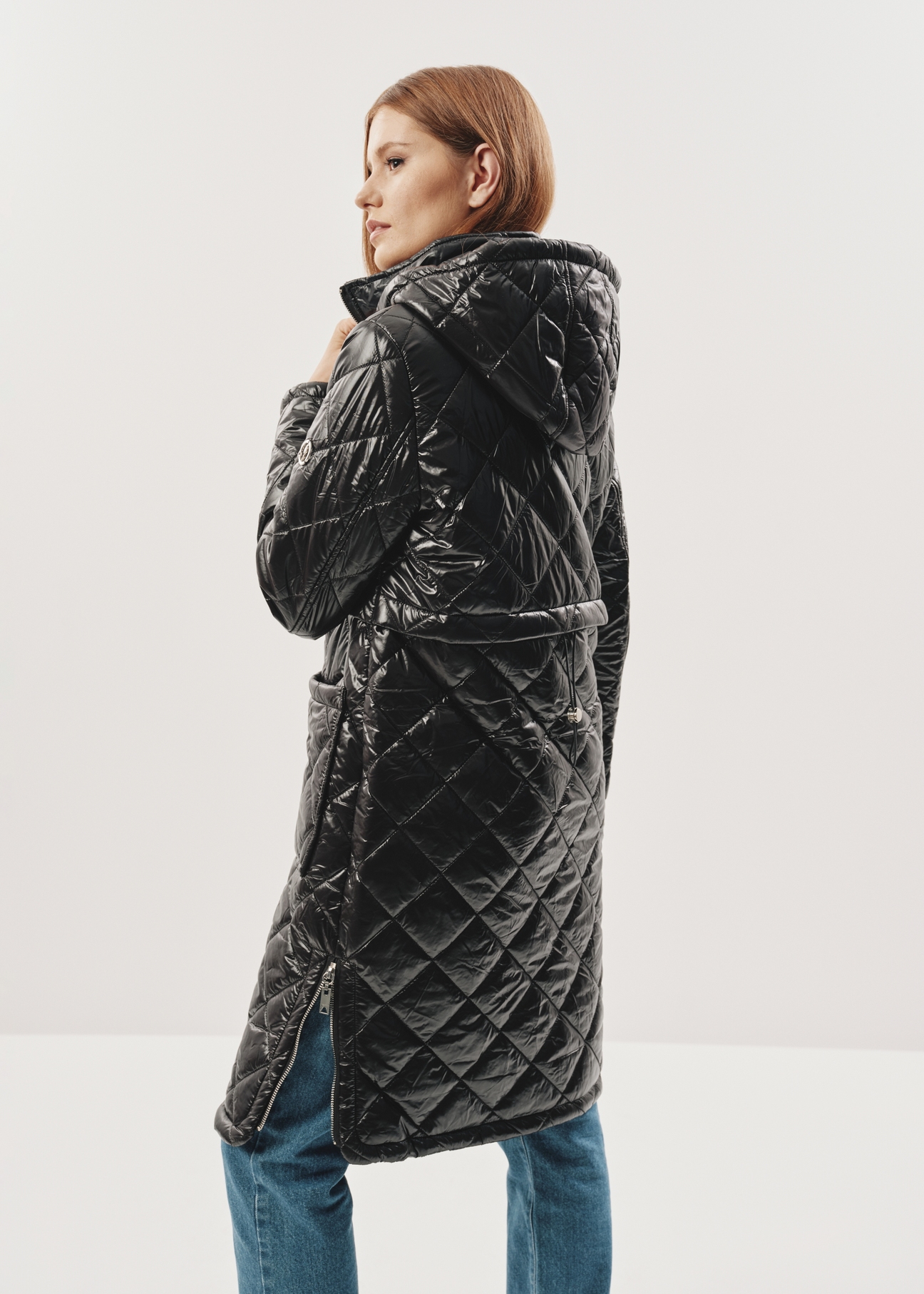 Women's long black jacket KURDT-0476-99(Z23)-03