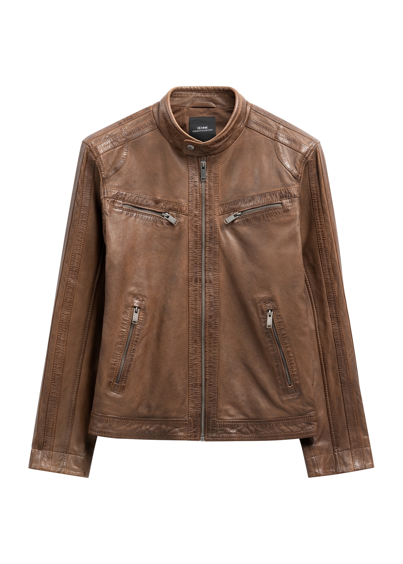 Men's leather jacket in cognac color KURMS-0397-1F(W26) - front product view, on white background.
