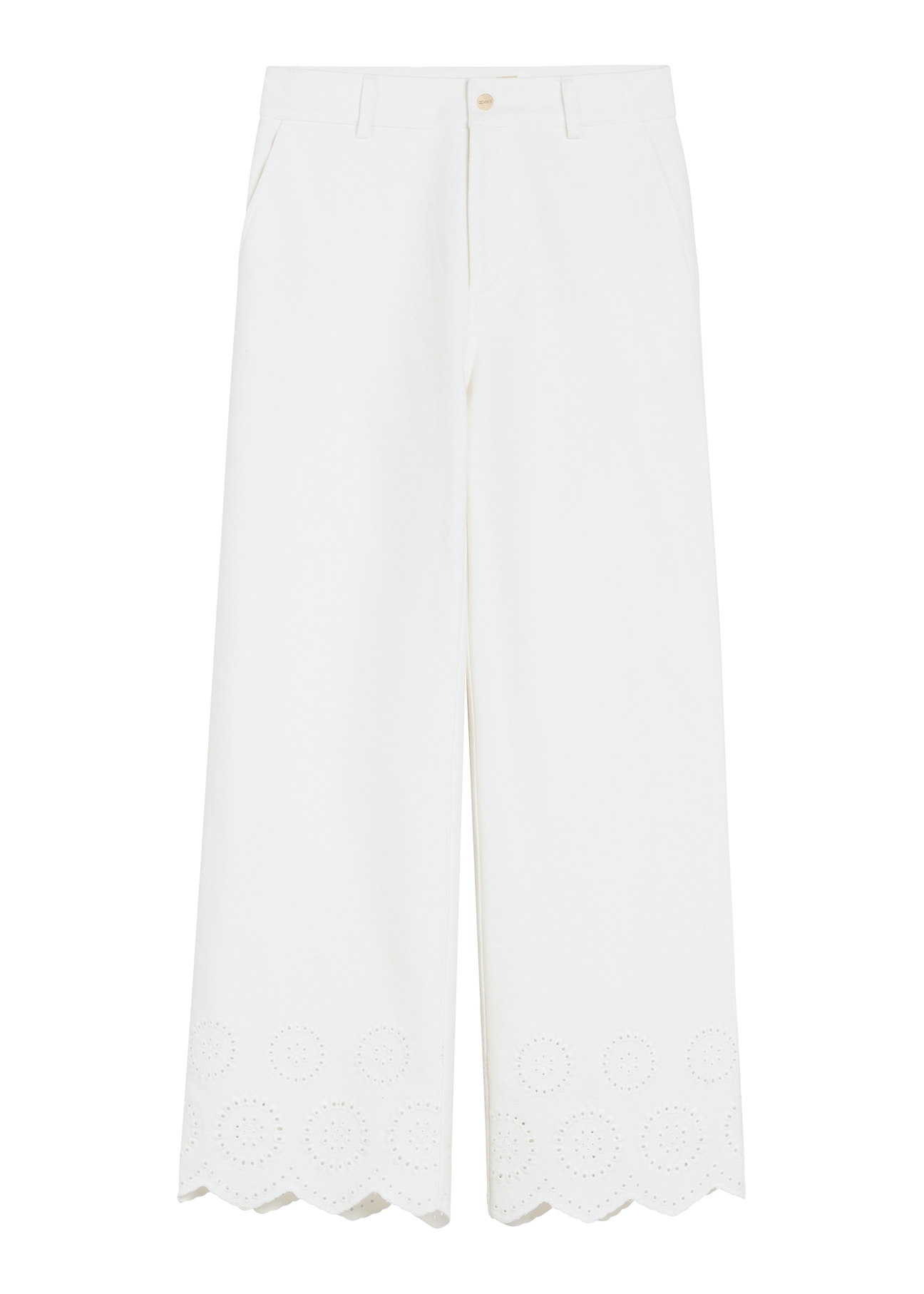 Women's white wide leg trousers SPODT-0122-0B(W26), front product view on white background.