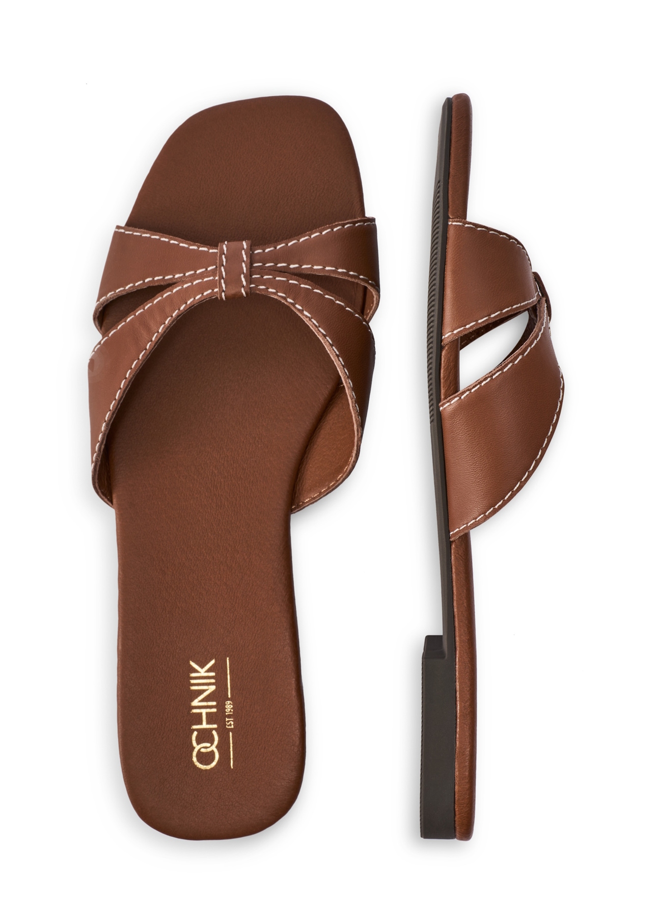 Camel leather women's flip-flops BUTYD-1227-1D(W26), product view from above on white background.